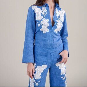 NWT Anne Fontaine Citron Blue Linen floral Appliqué Button down Shirt